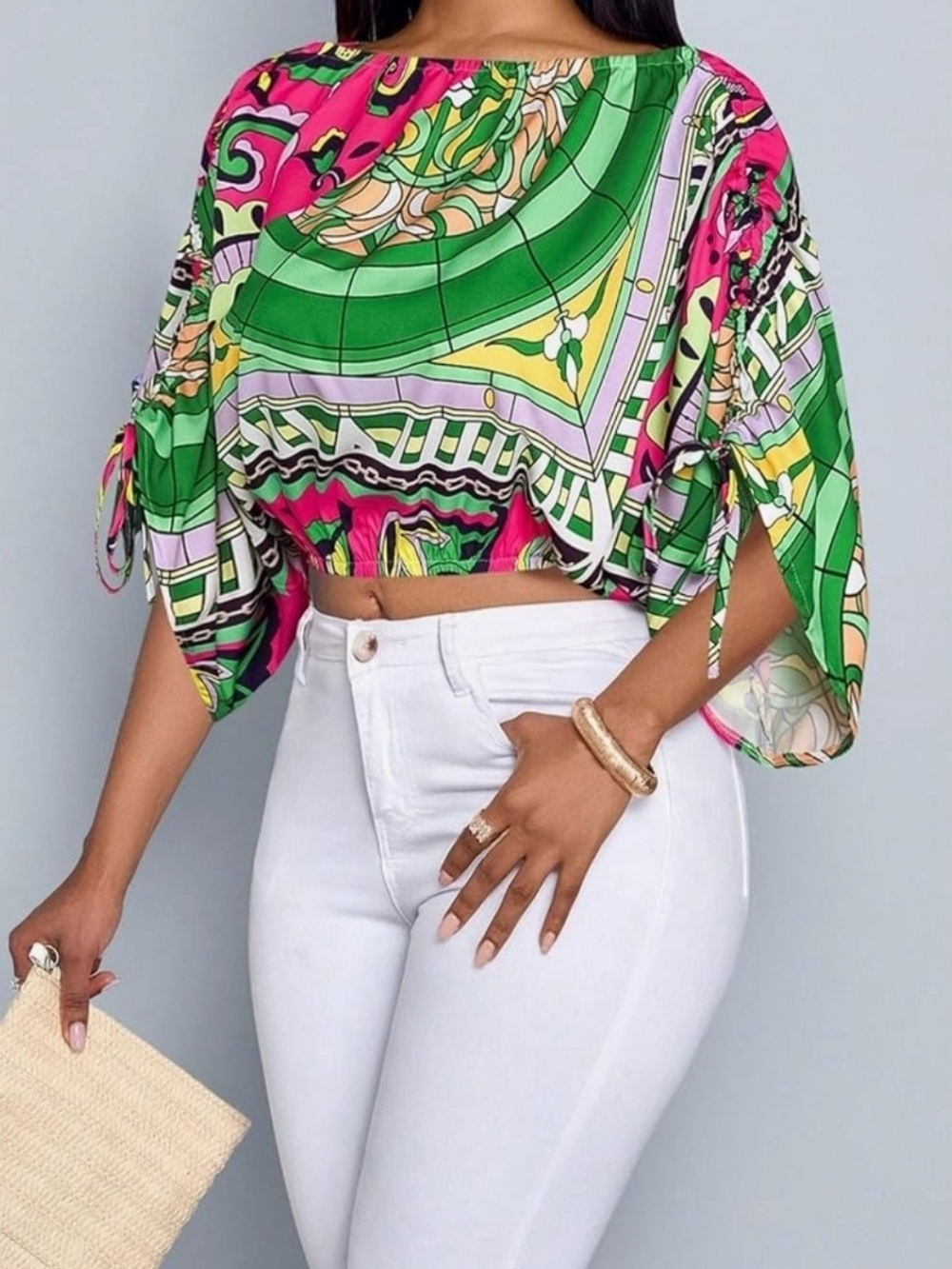 Women's Casual Asymmetrical Neck Drawstring Shirt With Random Floral Print - Picture 2 of 3